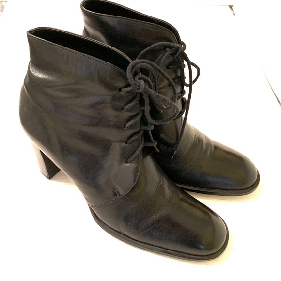 Shiny soft Black real Leather high ankle boots round toe tie-up laces Eu41 US 10 - Picture 3 of 14